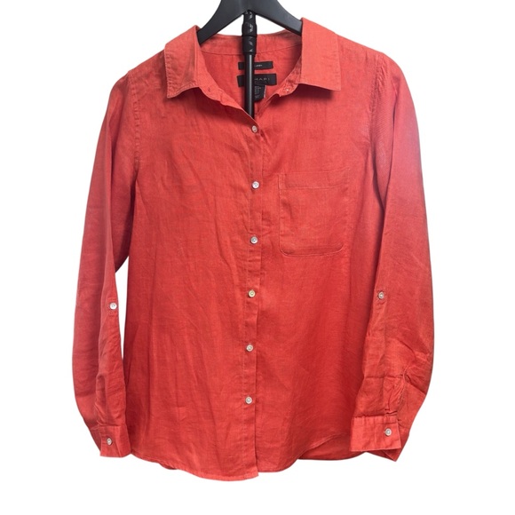 Tahari 100% Linen Coral Button Up Women’s M Shirt w/Rolled Sleeve - Picture 2 of 7